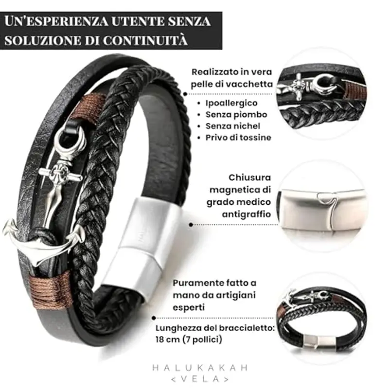 HALUKAKAH Ragazzo ?Vela Junior? Ragazzi Vera Pelle Treccia Fatta a Mano Ancora Braccialetto 13-16 Anni/a. Titanio Opaco Argento Chiusura Magnetica 18cm con Confezione Regalo miniatura 3