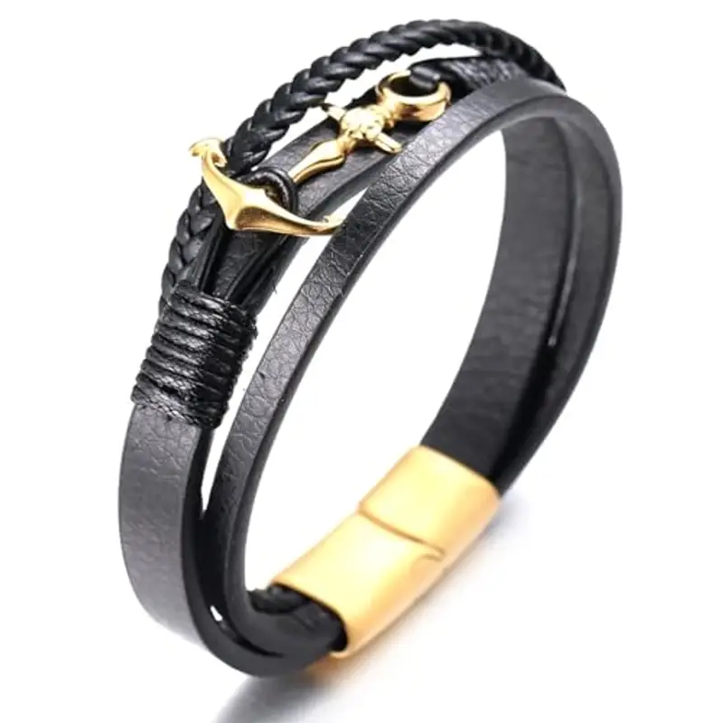 HALUKAKAH Ragazzo ?Vela Junior? Ragazzi Vera Pelle Treccia Fatta a Mano Ancora Braccialetto 13-16 Anni/a. Titanio Opaco Dorato Chiusura Magnetica 18cm con Confezione Regalo