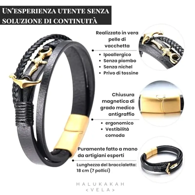HALUKAKAH Ragazzo ?Vela Junior? Ragazzi Vera Pelle Treccia Fatta a Mano Ancora Braccialetto 13-16 Anni/a. Titanio Opaco Dorato Chiusura Magnetica 18cm con Confezione Regalo miniatura 2