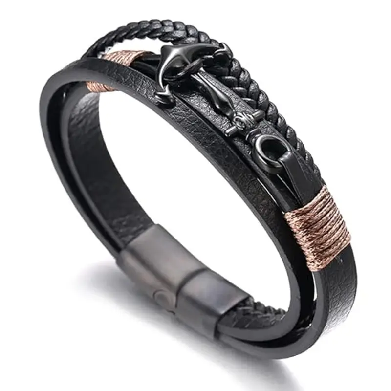 HALUKAKAH Ragazzo ?Vela Junior? Ragazzi Vera Pelle Treccia Fatta a Mano Ancora Braccialetto 13-16 Anni/a. Titanio Opaco Nero Chiusura Magnetica 18cm con Confezione Regalo