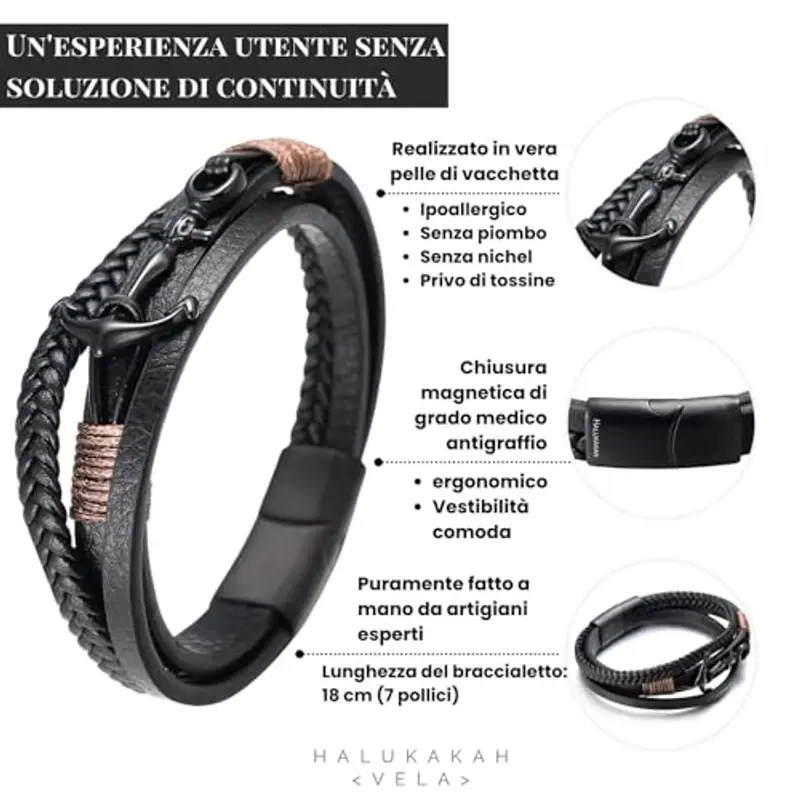HALUKAKAH Ragazzo ?Vela Junior? Ragazzi Vera Pelle Treccia Fatta a Mano Ancora Braccialetto 13-16 Anni/a. Titanio Opaco Nero Chiusura Magnetica 18cm con Confezione Regalo miniatura 2