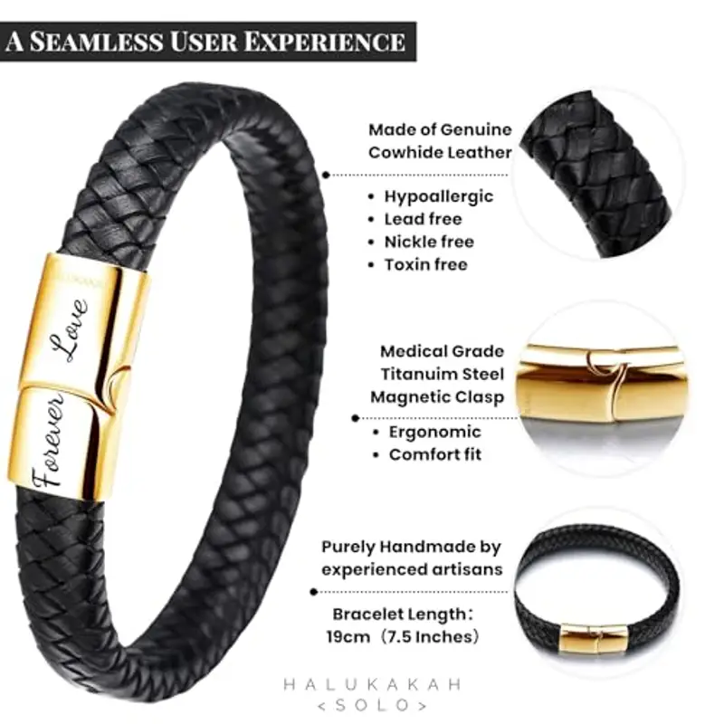 HALUKAKAH Regalo per Bambini Compleanno Natale: Bracciale in Pelle di Titanio Placcato Oro 24k 19cm. Forever Love Inciso, con Bellissimo Biglietto di Auguri e Confezione Regalo, per Il Figlio Nipote miniatura 2