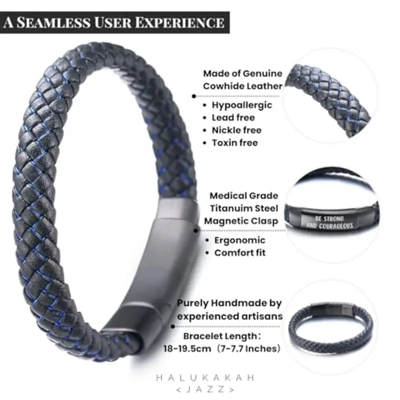 HALUKAKAH Regalo per Bambini Compleanno Natale: Bracciale in Pelle JAZZ Titanio Misura 18-20cm Regolabile. BE STRONG AND COURAGEOUS Inciso, con Un Bellissimo Biglietto di Auguri e Confezione Regalo miniatura 2