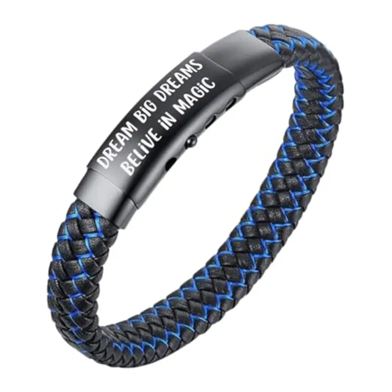 HALUKAKAH Regalo per Bambini Compleanno Natale: Bracciale in Pelle JAZZ Titanio Misura 18-20cm Regolabile. DREAM BiG DREAMS Inciso, con Un Bellissimo Biglietto di Auguri e Confezione Regalo