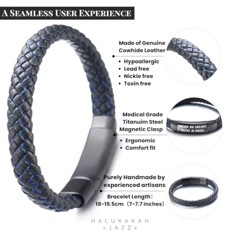 HALUKAKAH Regalo per Bambini Compleanno Natale: Bracciale in Pelle JAZZ Titanio Misura 18-20cm Regolabile. DREAM BiG DREAMS Inciso, con Un Bellissimo Biglietto di Auguri e Confezione Regalo miniatura 2