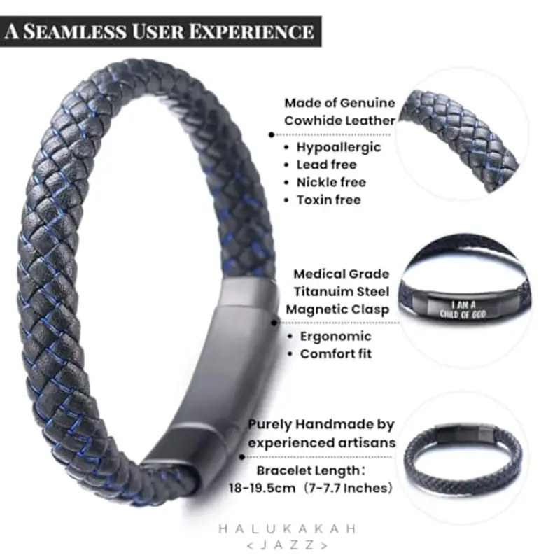 HALUKAKAH Regalo per Bambini Compleanno Natale: Bracciale in Pelle JAZZ Titanio Misura 18-20cm Regolabile. I AM A CHiLD OF GOD Inciso, con Un Bellissimo Biglietto di Auguri e Confezione Regalo miniatura 2