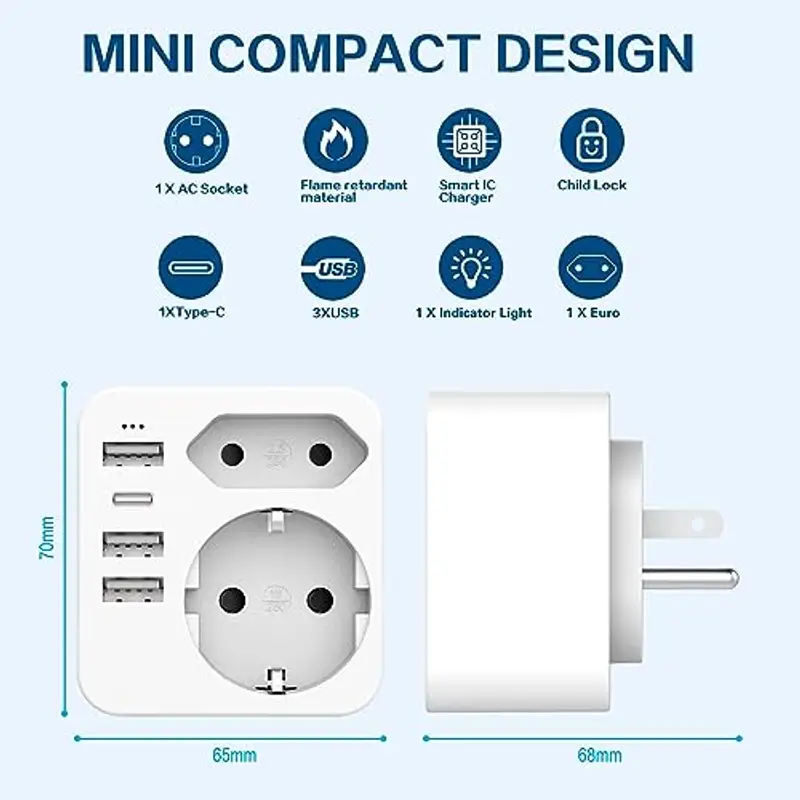 HANYEAL Adattatore Presa Americana, 6 in 1, con 4 USB, per America/Canada/Messico, 3285W, Spina USA Tipo B miniatura 3