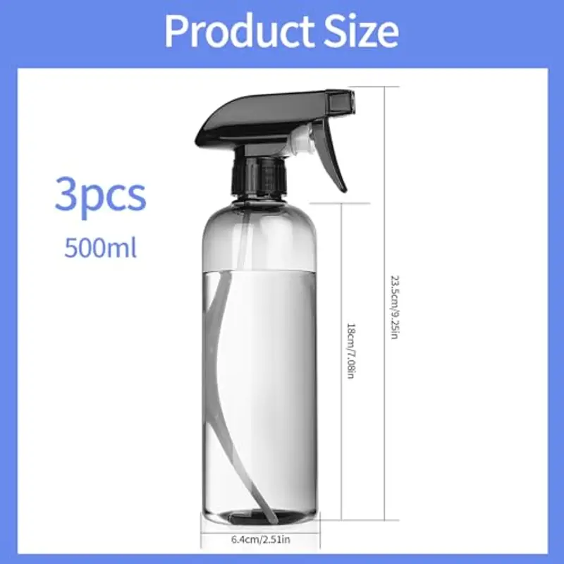 HAOCHEN Set da 3 Flacone Spray Acqua di Plastica, 500 Ml Spray Bottles Spruzzino Nebulizzatore, Bottiglietta Spray Riutilizzabile, per Parrucchieri, Giardino, Casa (Nero trasparente) miniatura 2