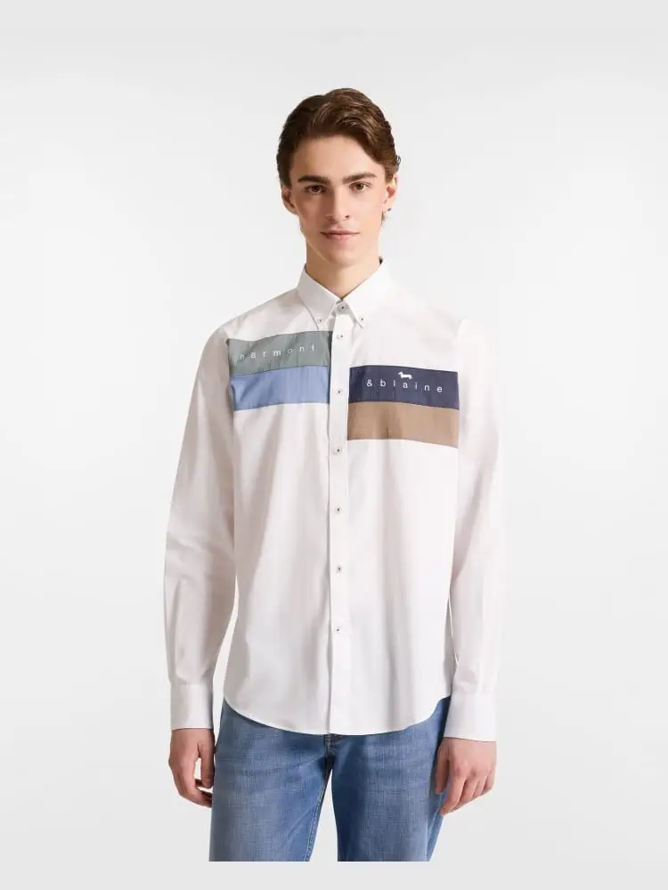 camicia in cotone bianco con fasce e logo lettering