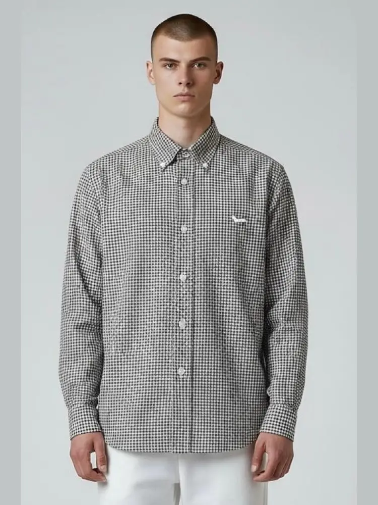 camicia in cotone strutturato fantasia piede puole blu bianco bordeaux