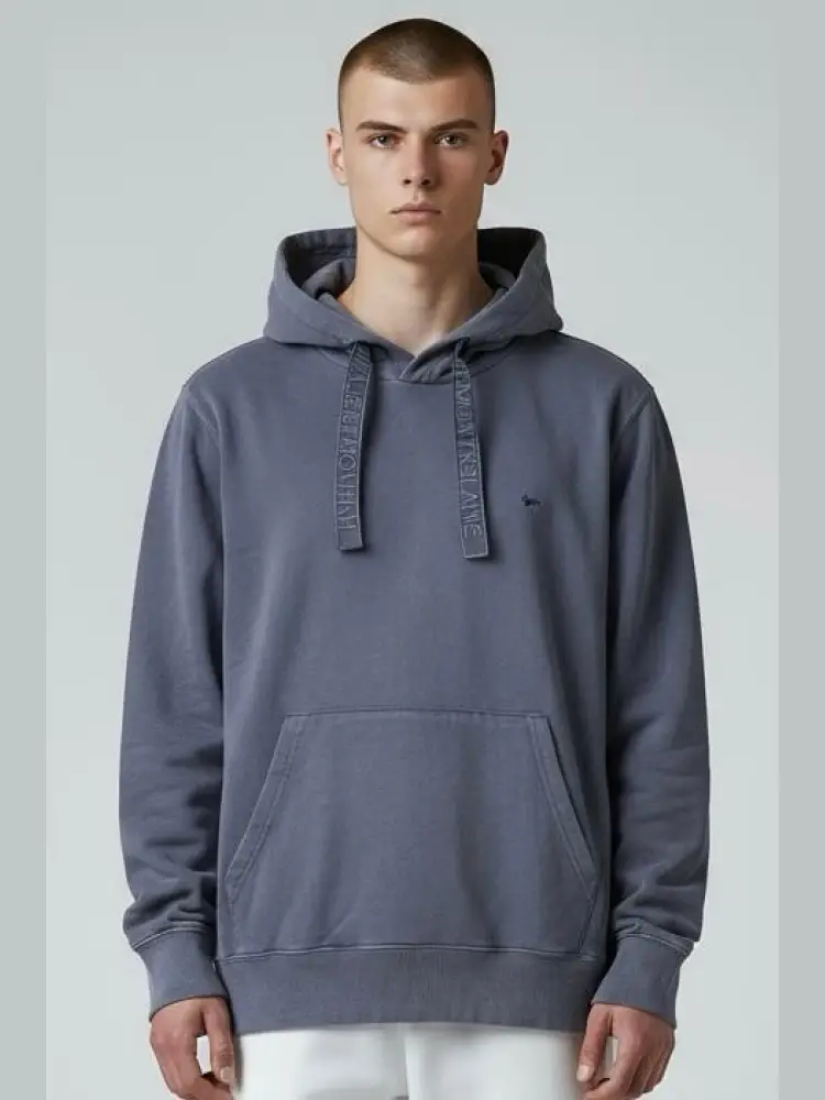 felpa con cappuccio in cotone blu lavato con nastri logati