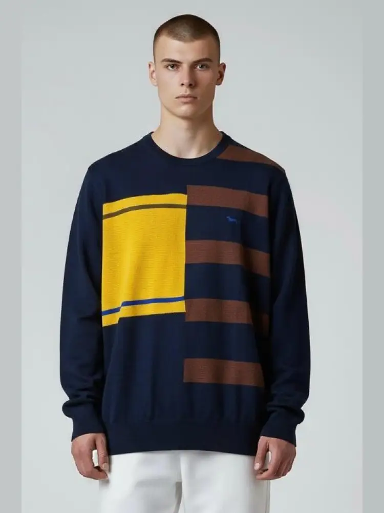 maglia girocollo patchwork blu multicolor