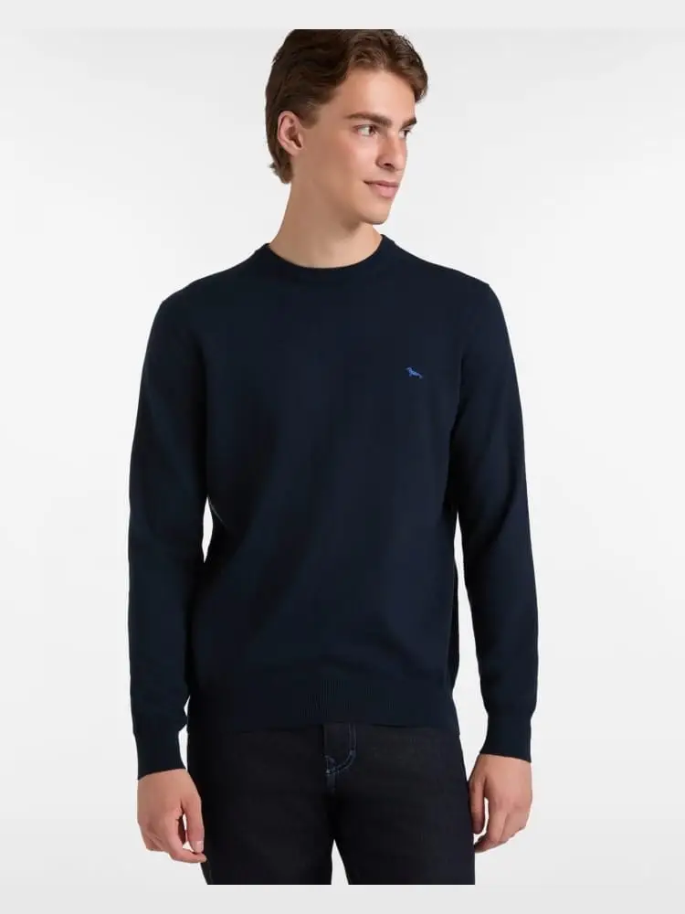 pullover in lana e cotone blu con logo ricamato