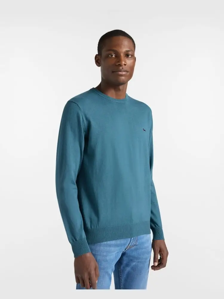 pullover in lana e cotone ottanio con logo ricamato