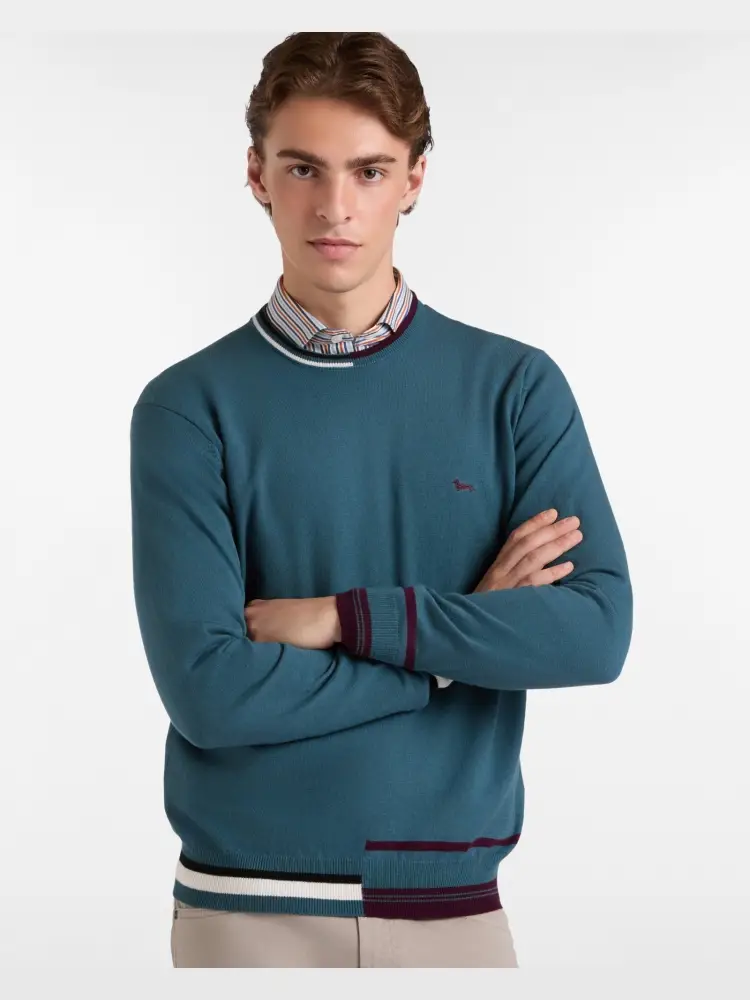 pullover misto cotone lana verde acqua scuro con righe