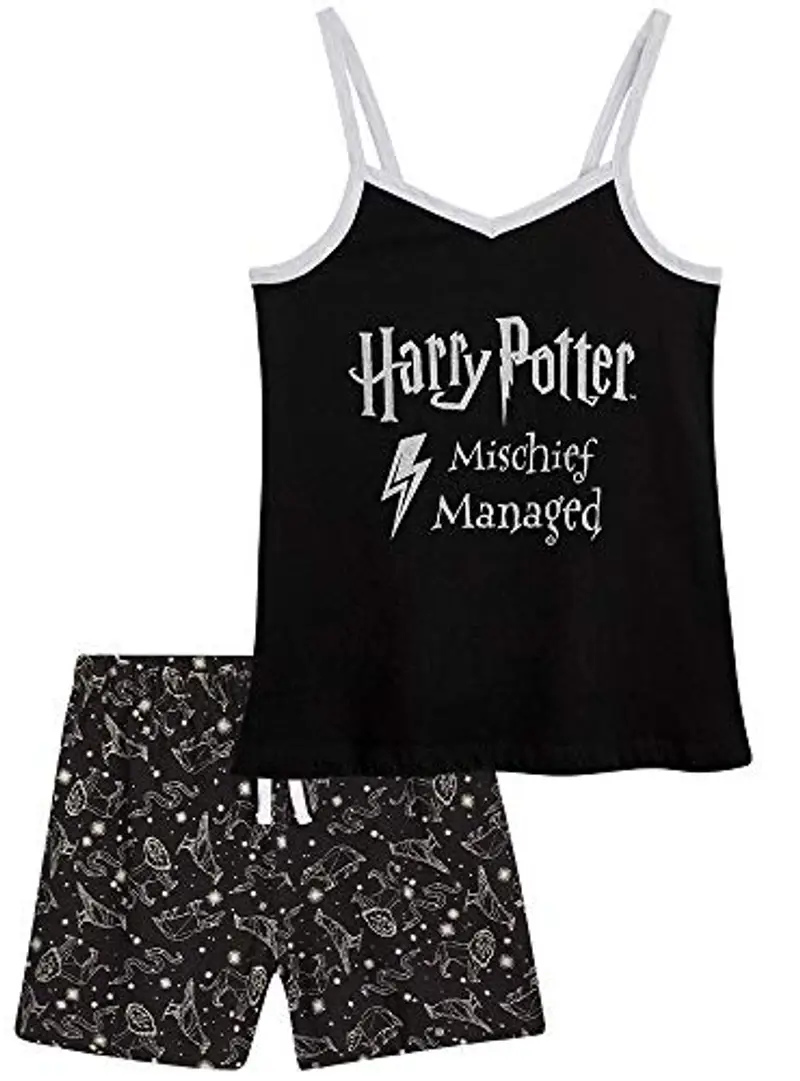 Harry Potter Pigiama Bambina Pigiama Estivo Bambina Corto 7-14 Anni con Maniche Corte o Canotta Pigiama Cotone Bambina Idea Regalo Gadget (9-10 Anni, Nero)