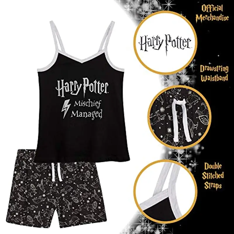 Harry Potter Pigiama Bambina Pigiama Estivo Bambina Corto 7-14 Anni con Maniche Corte o Canotta Pigiama Cotone Bambina Idea Regalo Gadget (9-10 Anni, Nero) miniatura 3