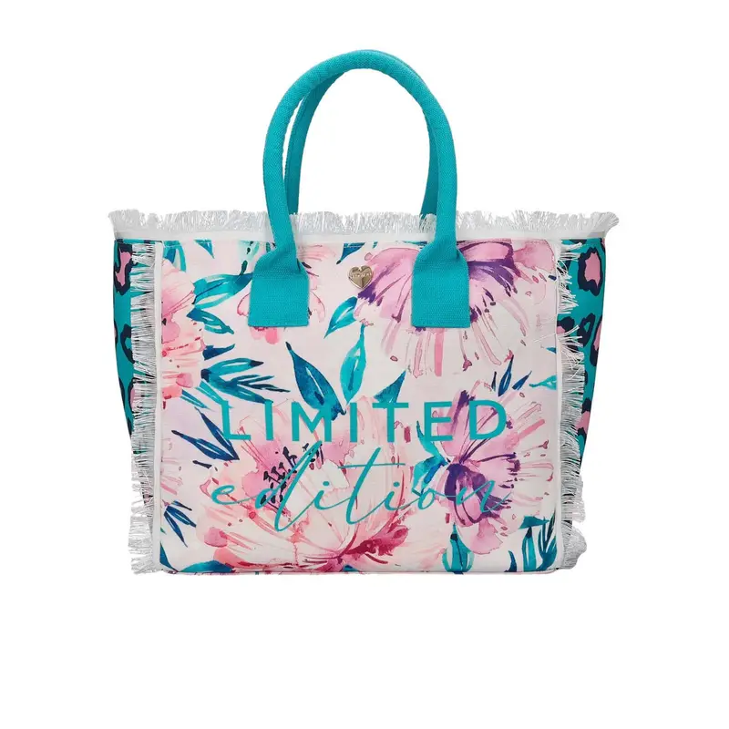 Shopper da mare azzurra e rosa in tessuto con stampa floreale