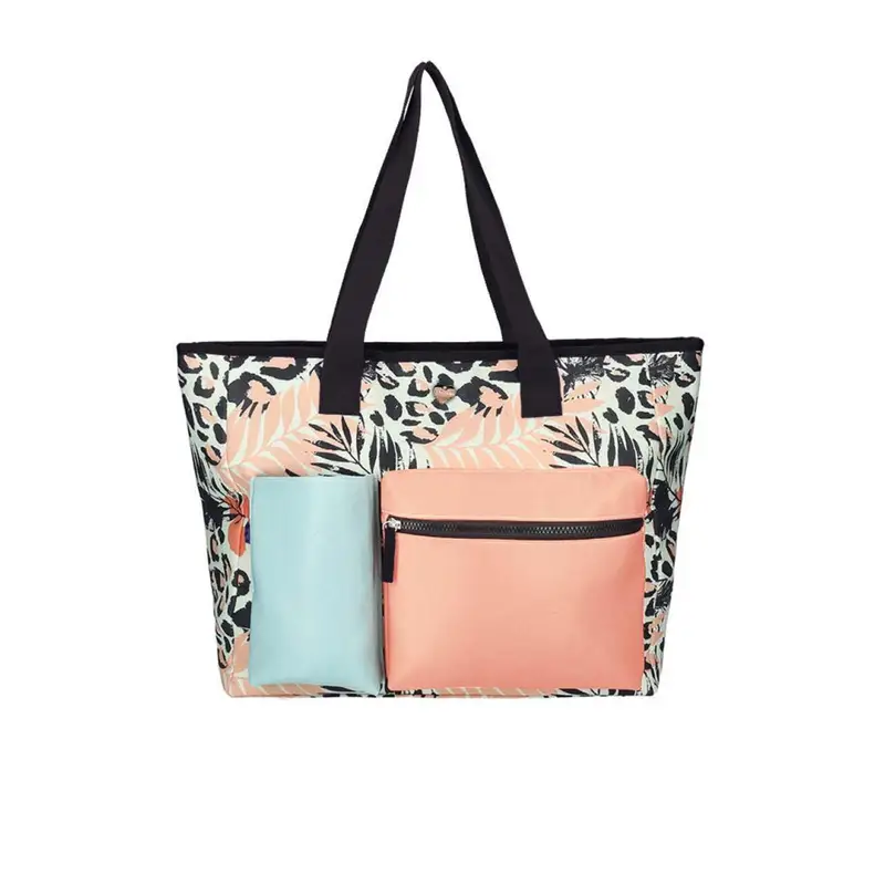 Shopper nera e rosa da mare con stampa floreale e tasche