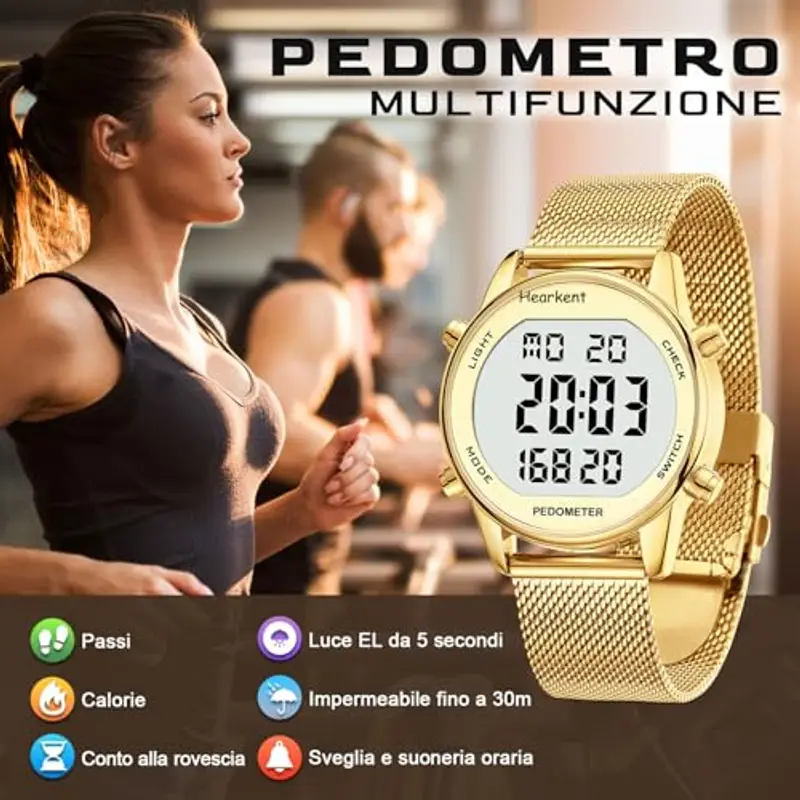 Hearkent Orologio contapassi pedometro da donna, goderti passi, chilometraggio, calorie, conto alla rovescia, sveglia e altre funzioni. Nessuna app, ricarica richiesta o bluetooth, 2401 (giallo) miniatura 2