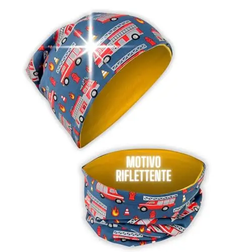 HECKBO 360° riflettore set berretto e sciarpa ad anello per bambini - camion dei pompieri - 2-8 anni - 95% cotone -