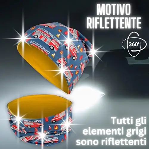 HECKBO 360° riflettore set berretto e sciarpa ad anello per bambini - camion dei pompieri - 2-8 anni - 95% cotone miniatura 2