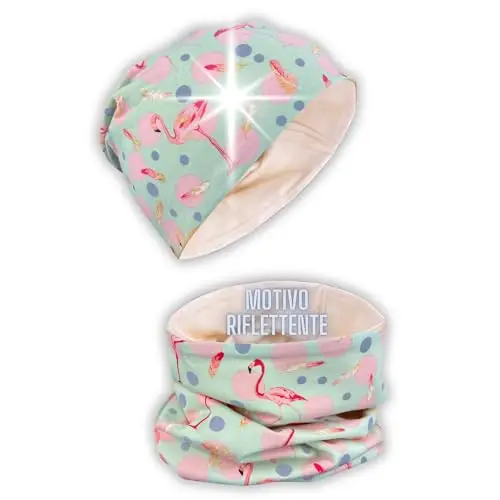 HECKBO 360° riflettore set berretto e sciarpa ad anello per bambini - fenicottero e piume - con cerchi riflettenti -