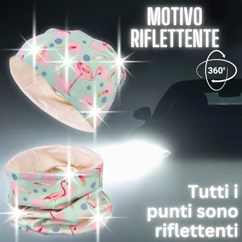 HECKBO 360° riflettore set berretto e sciarpa ad anello per bambini - fenicottero e piume - con cerchi riflettenti miniatura 2