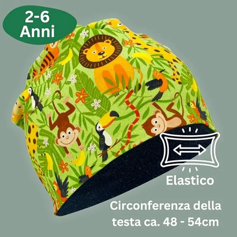 HECKBO Berretto Modello Beanie + Girocollo per Bambini - Cuffia Reversibile con Animali della giungla - da 2 anni - 95% miniatura 3