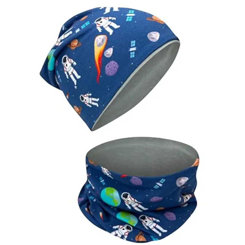 HECKBO Berretto Modello Beanie + Girocollo per Bambini - Cuffia Reversibile con astronauta - da 2 anni - 95% Cotone -