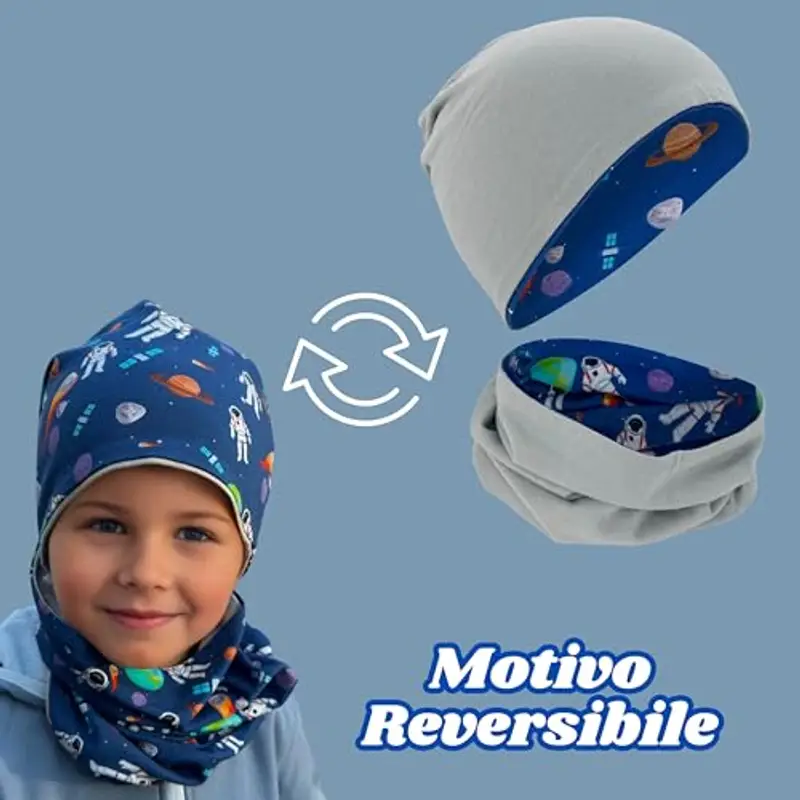 HECKBO Berretto Modello Beanie + Girocollo per Bambini - Cuffia Reversibile con astronauta - da 2 anni - 95% Cotone miniatura 2