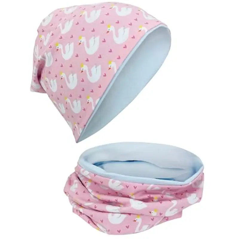 HECKBO Berretto Modello Beanie + Girocollo per Bambini - Cuffia Reversibile con Cigno con cuori rossi - da 2 anni - 95%
