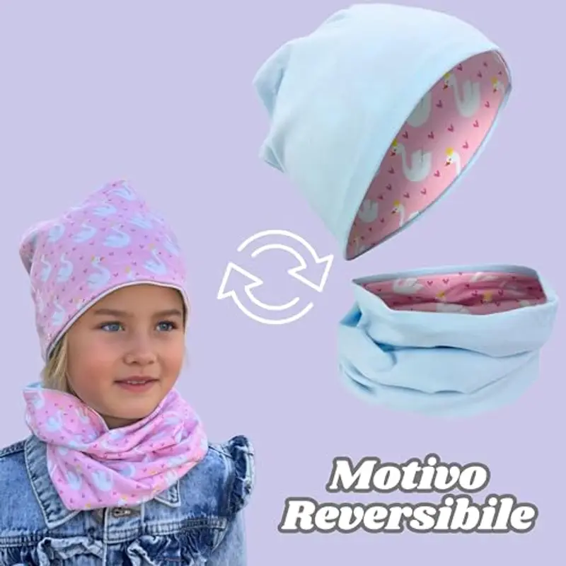 HECKBO Berretto Modello Beanie + Girocollo per Bambini - Cuffia Reversibile con Cigno con cuori rossi - da 2 anni - 95% miniatura 2
