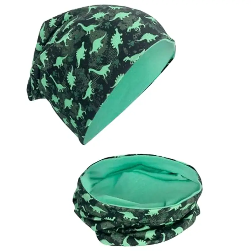 HECKBO Berretto Modello Beanie + Girocollo per Bambini - Cuffia Reversibile con Dino Dinosauri -da 2 anni - 95% Cotone