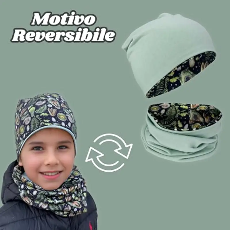 HECKBO Berretto Modello Beanie + Girocollo per Bambini - Cuffia Reversibile con Dino Dinosauri T-Rex - da 2 anni - 95% miniatura 2