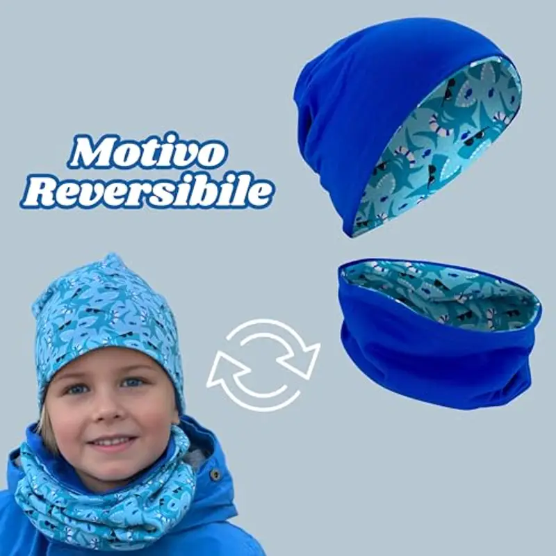 HECKBO Berretto Modello Beanie + Girocollo per Bambini - Cuffia Reversibile con Squalo con occhiali - da 2 anni - 95% miniatura 2