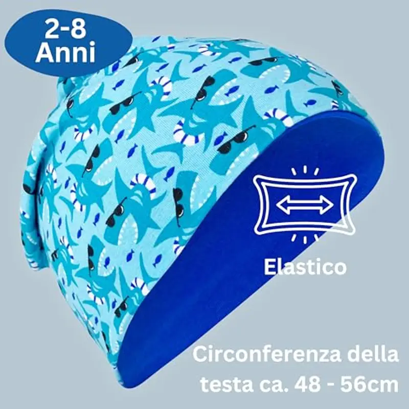 HECKBO Berretto Modello Beanie + Girocollo per Bambini - Cuffia Reversibile con Squalo con occhiali - da 2 anni - 95% miniatura 3
