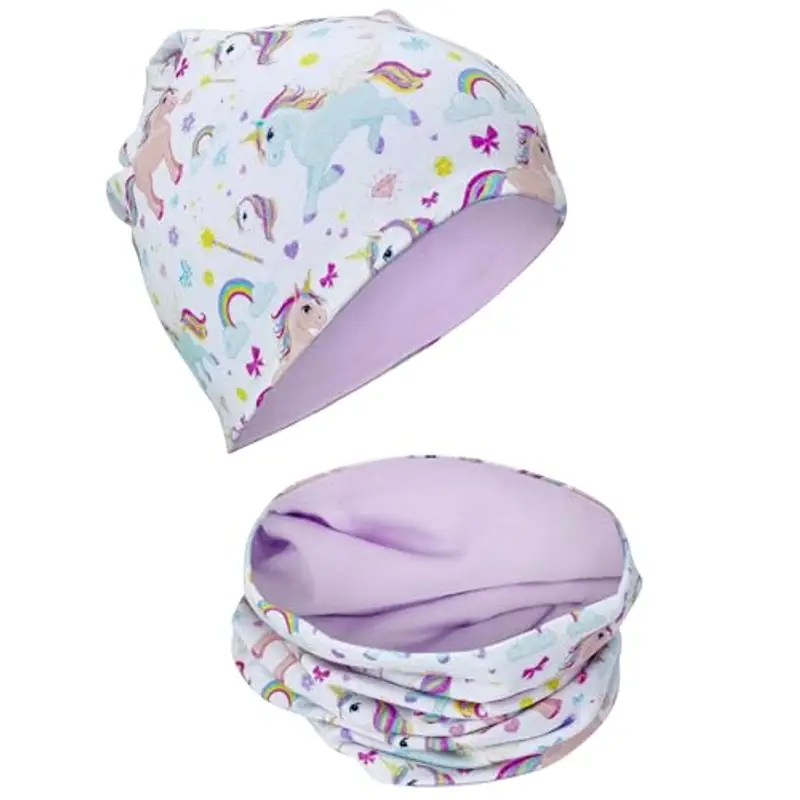 HECKBO Berretto Modello Beanie + Girocollo per Bambini - Cuffia Reversibile con Unicorno Unicorni - da 2 anni - 95% Cotone - Morbido e Pratico Tessuto Elasticizzato