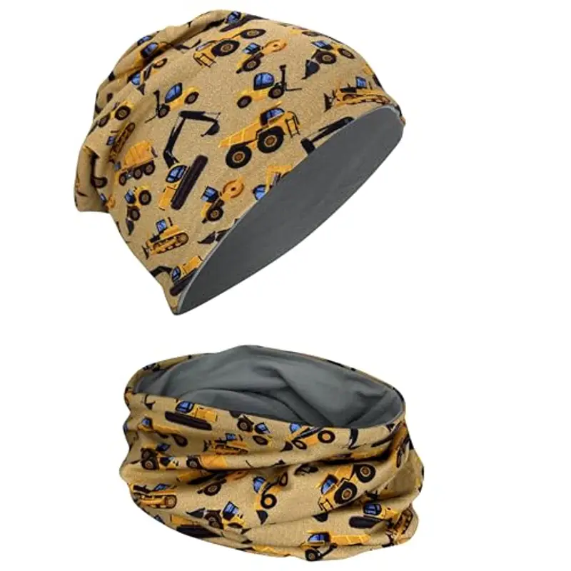 HECKBO Berretto Modello Beanie + Girocollo per Bambini - Cuffia Reversibile con Veicoli da costruzione - da 2 anni -