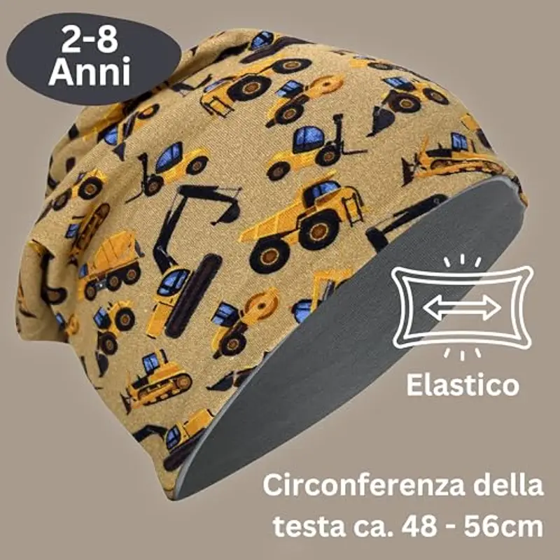 HECKBO Berretto Modello Beanie + Girocollo per Bambini - Cuffia Reversibile con Veicoli da costruzione - da 2 anni miniatura 3