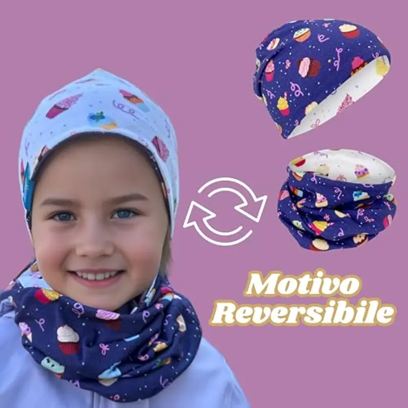 HECKBO Berretto modello Beanie per Bambine + Girocollo - Cuffia Reversibile con Stampa Cupcake - da 2 anni - 95% Cotone miniatura 2