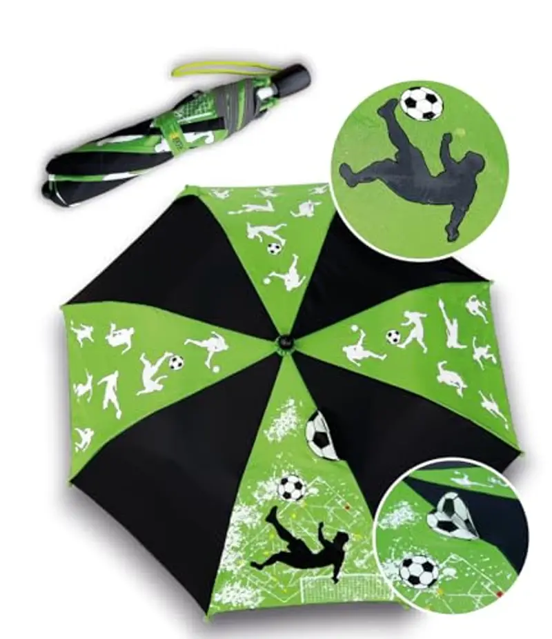 HECKBO Magic Ombrello per bambini - calcio - cambia colore in caso di pioggia - ombrello pieghevole: si adatta a qualsiasi zaino scolastico