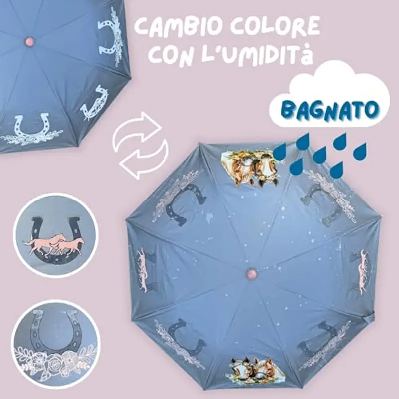 HECKBO Magic Ombrello per bambini - cavallo - cambia colore in caso di pioggia - ombrello pieghevole: si adatta a qualsiasi zaino scolastico miniatura 2