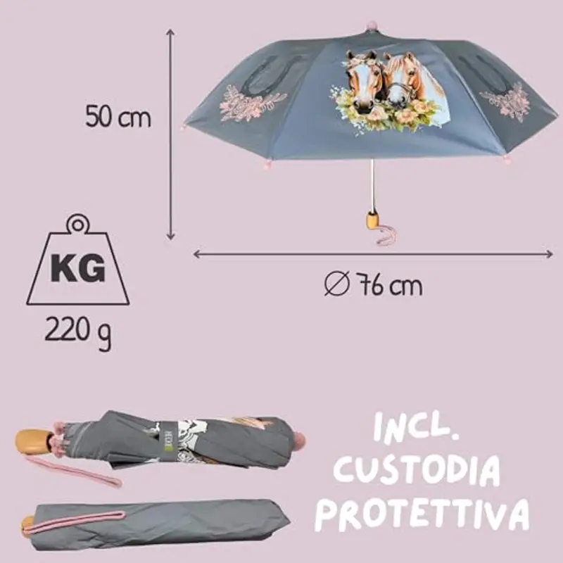 HECKBO Magic Ombrello per bambini - cavallo - cambia colore in caso di pioggia - ombrello pieghevole: si adatta a qualsiasi zaino scolastico miniatura 3
