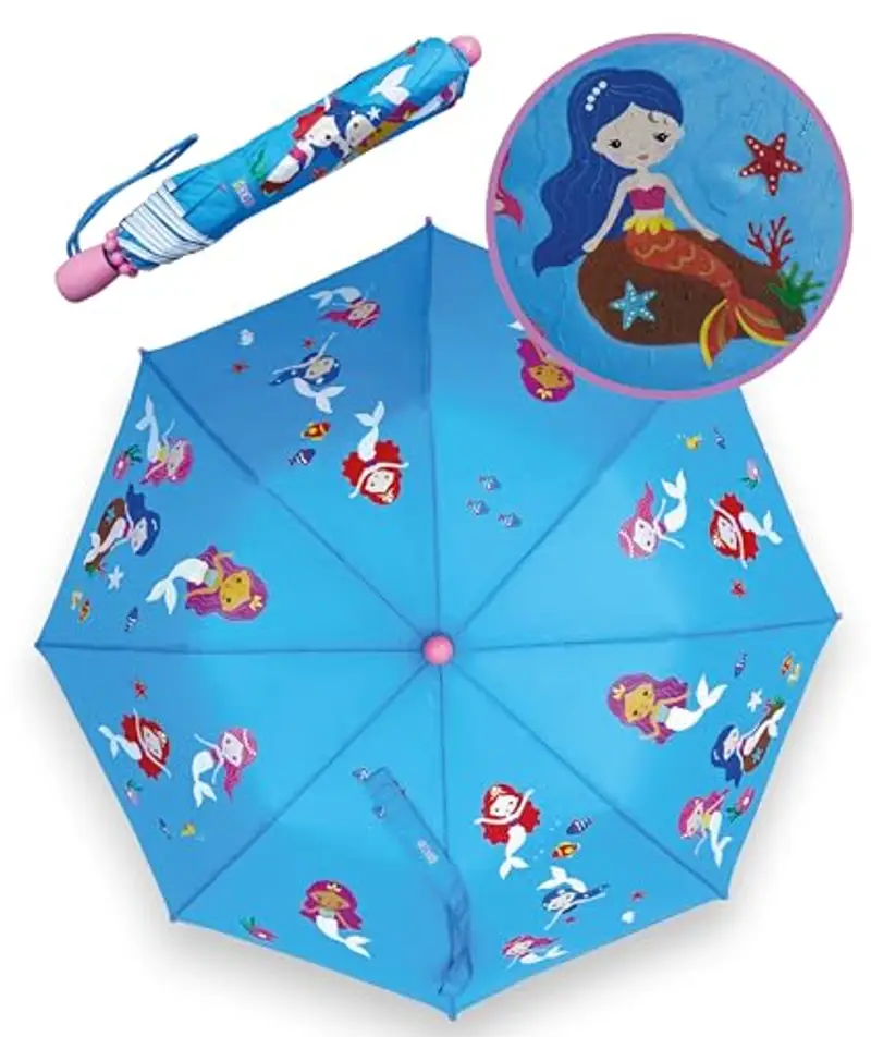 HECKBO ombrello a sirena magico per bambini - cambia colore quando piove - ombrello pieghevole per bambine: sta in ogni zaino di scuola - con strisce riflettenti