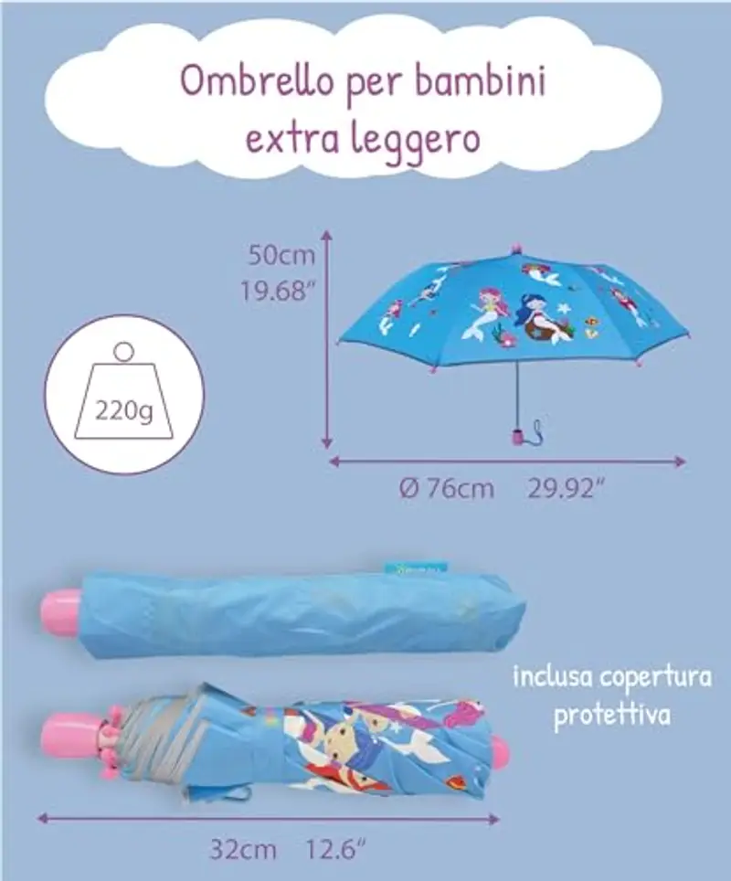 HECKBO ombrello a sirena magico per bambini - cambia colore quando piove - ombrello pieghevole per bambine: sta in ogni zaino di scuola - con strisce riflettenti miniatura 3