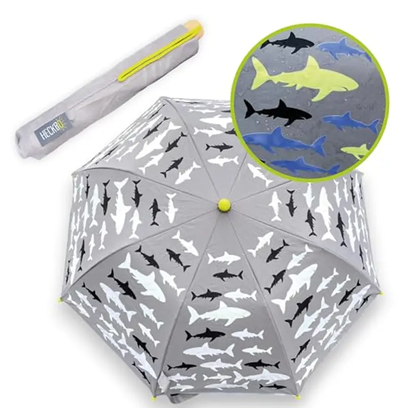 HECKBO Ombrello Magico Squalo – Cambia Colore – Pieghevole – Riflettore 360° – Scuola – Manico in Legno