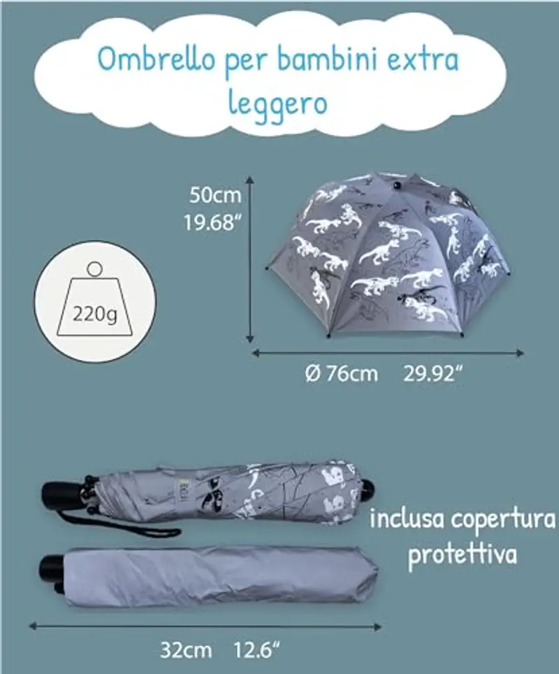 HECKBO Ombrello per bambini Magic & Reflector - dinosauro - cambia colore quando piove - visibilità a 360° nel traffico - ombrello pieghevole: entra in ogni zaino di scuola miniatura 3