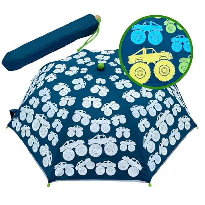 HECKBO Ombrello per bambini Monster Truck Magic per bambini e bambine - cambia colore quando piove - ombrello tascabile - sta in ogni zaino - a prova di tempesta - regali per l'iscrizione a scuola