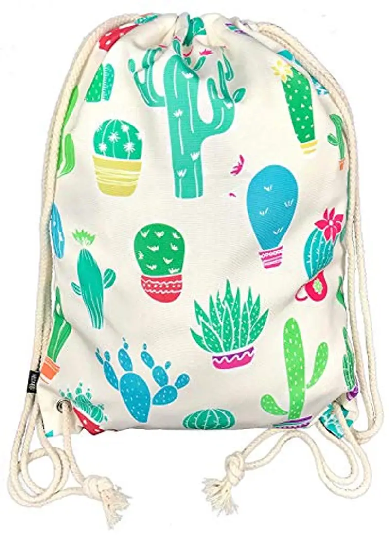 HECKBO Sacca da palestra per donne e ragazze, in cotone (beige) - stampata su entrambi i lati con motivo cactus per tutti i giorni, viaggi e sport, festival, feste